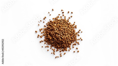 Instant coffee granules on white background Aerial view