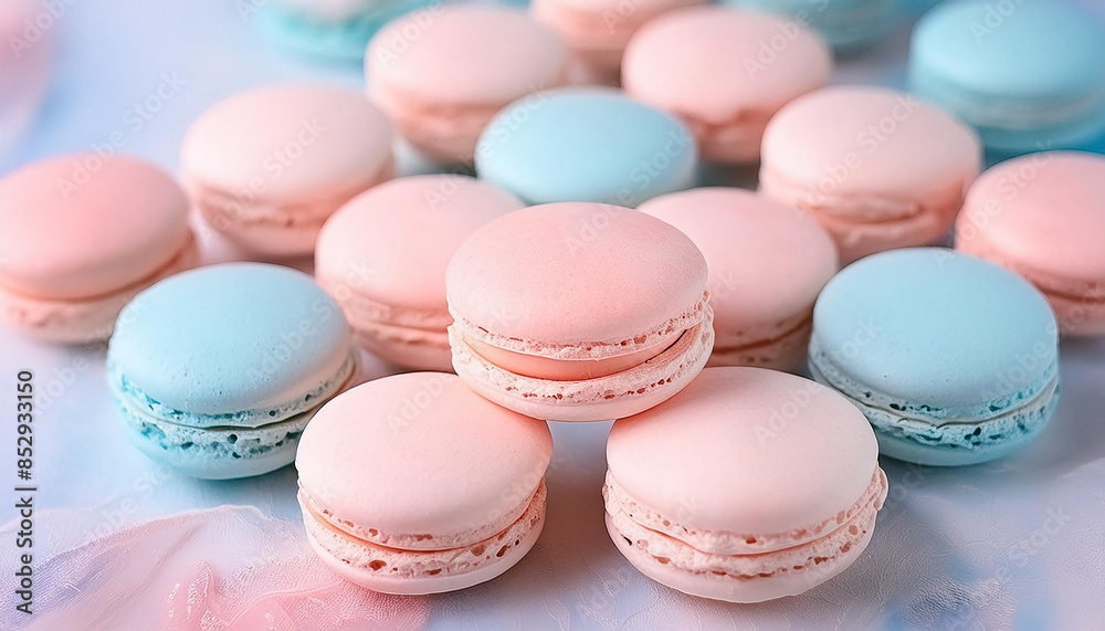 Delicious pastel pink and blue macarons on table. French dessert. Sweet and tasty food.