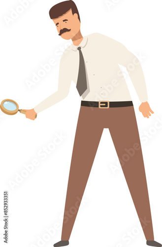 Man with mustache wearing a tie and formal clothes holding a magnifying glass and searching for something