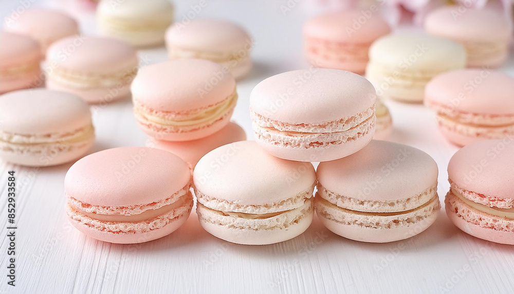 Delicious pastel pink macarons on table. French dessert. Sweet and tasty food.