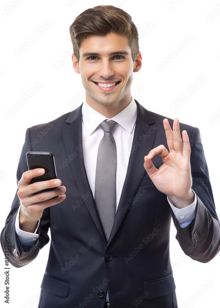 A businessman in excellent pose gesture with a phone isolated on transparent background A businessman in excellent pose gesture with a phone isolated on transparent background