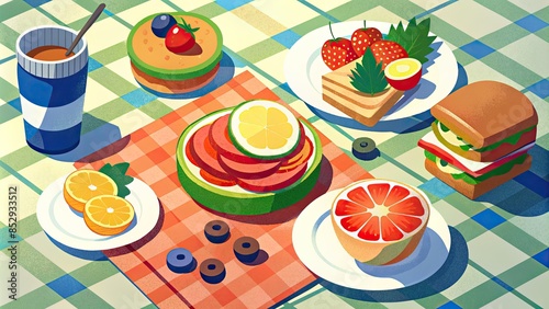 A delicious picnic setup with various foods on a blanket.