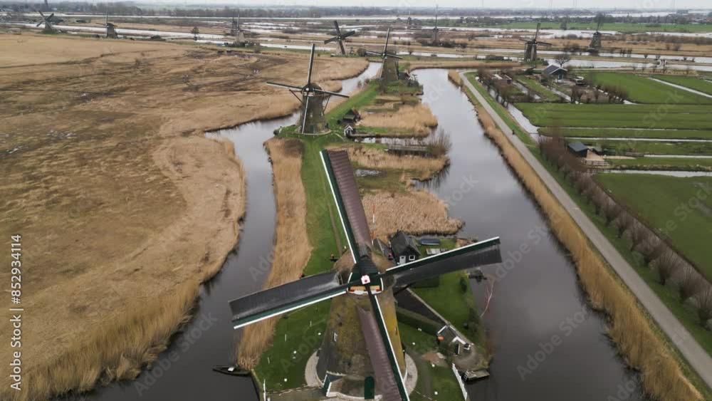 dutch windmills near the canals 