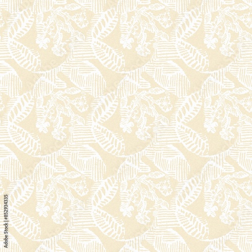 Modern white on cream lace effect wedding background texture. Soft tonal linen openwork block print with subtle hand drawn lattice damask printed fabric backdrop. 