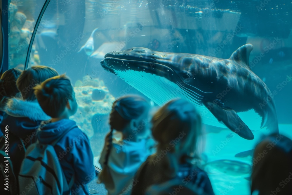custom made wallpaper toronto digitalGroup of students observing a majestic whale glide past the submarine window during an educational tour of the aquarium.