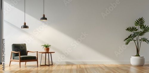 Fototapeta Naklejka Na Ścianę i Meble -  empty wall in living room with green and white color theme, Scandinavian interior design