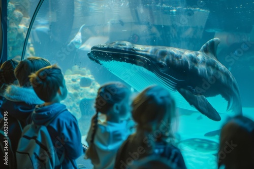 Wallpaper Mural Group of students observing a majestic whale glide past the submarine window during an educational tour of the aquarium. Torontodigital.ca
