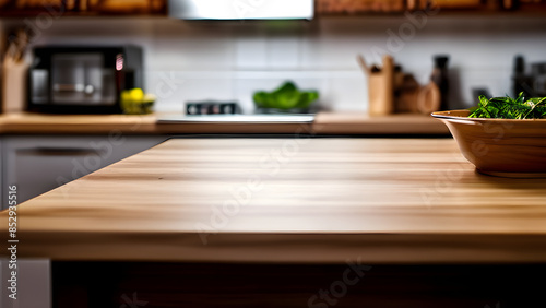 Blue kitchen foucs on wooden table vegetable on table photo