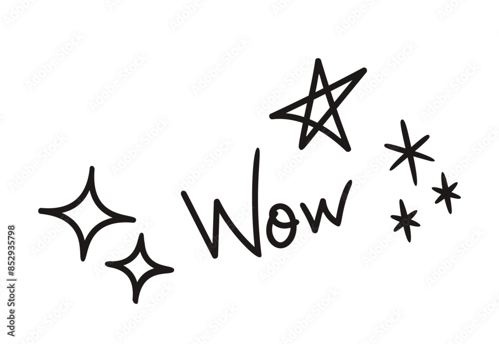 Fototapeta premium Playful And Whimsical Hand Drawn Doodle Set Featuring Stars And The Word Wow. Vector Black And White Illustration