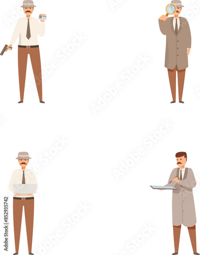 Collection of four illustrated detectives with magnifying glass, gun, and notebook on a white background
