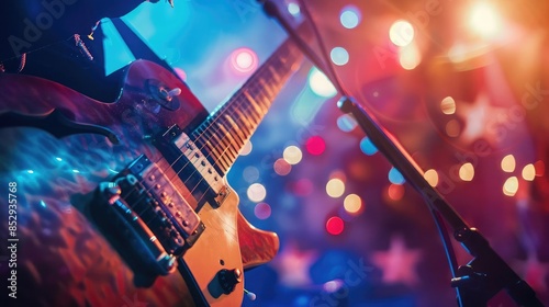 Electric Guitar on Stage with Colorful Bokeh Lights - Photo