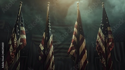 American Flags in a Smoky Dark Backgroud Illustration photo
