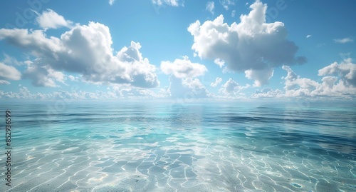 The clear blue sky, white clouds and turquoise sea create an endless horizon in the Maldives. 