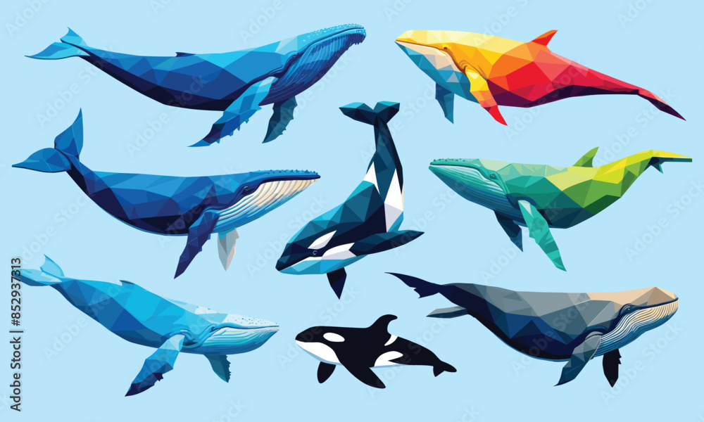 Obraz premium Various styles of whales, low polygon style, vector illustration, isolated on light blue background