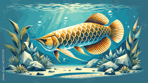 A gold Arowana fish in the water, low polygon style, vector illustration