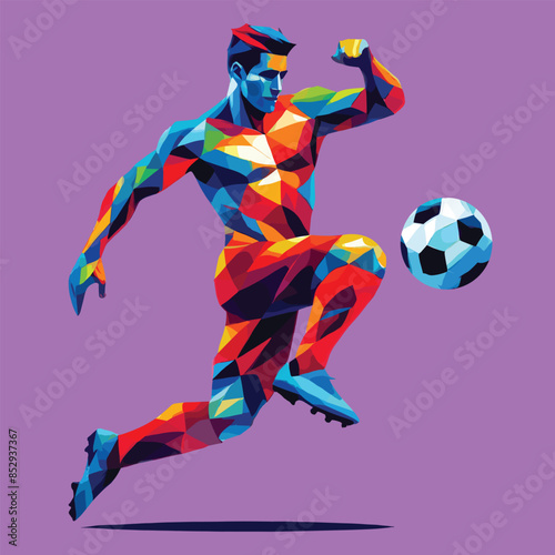 Football player with ball, low polygon style, vector illustration, sport man isolated on purple background