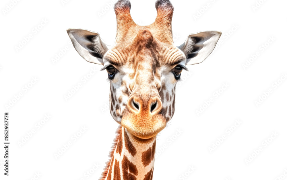 A giraffe is staring at the camera with its mouth open