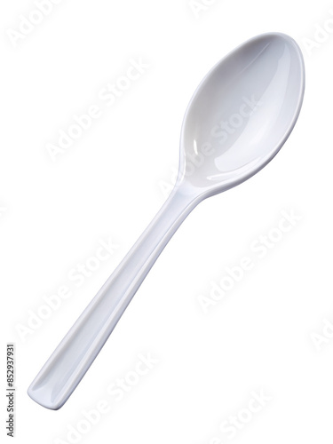 White plastic spoon for dining, featuring a smooth and glossy finish. Ideal for casual meals and outdoor gatherings. Isolated on transparent background, png.