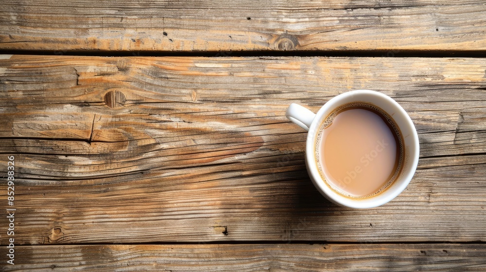 Coffee cup placed on wooden surface seen from above Coffee cup placed on wooden surface seen from above