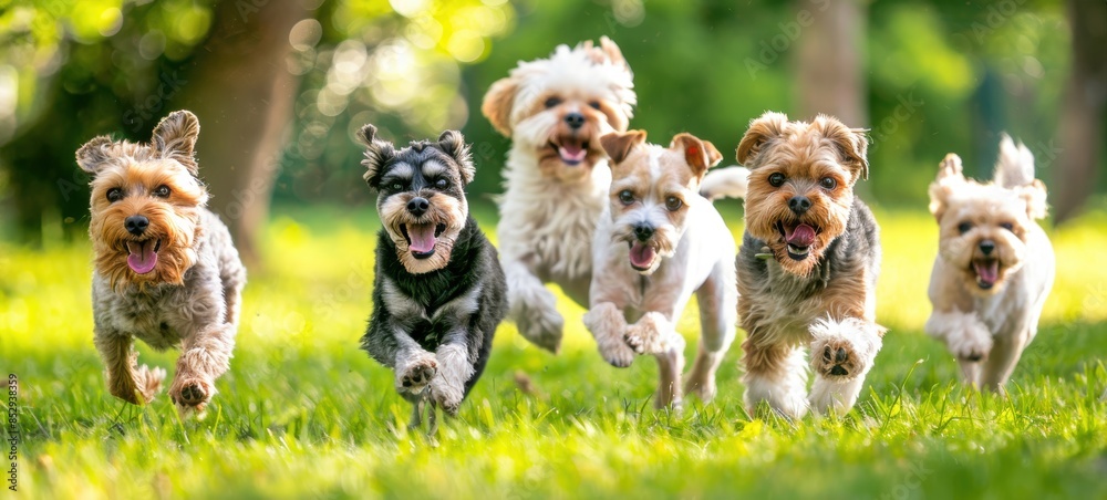 Dogs having a blast on a sunny day, running freely on lush green grass in the park Dogs having a blast on a sunny day, running freely on lush green grass in the park