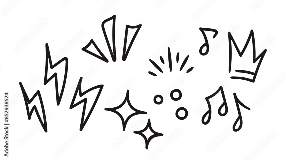 Set Of Fun And Expressive Doodle Elements Perfect For Girls. Vector Collection Includes Lightning Bolts, Stars, Notes Set Of Fun And Expressive Doodle Elements Perfect For Girls. Vector Collection Includes Lightning Bolts, Stars, Notes