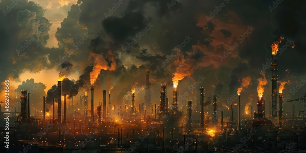 Obraz premium Chemical factory chimneys with raising smoke against red sunset sky in winter city during strong frost. View from afar of thermal power plant pipes emitting hazardous toxic pollutants into atmosphere
