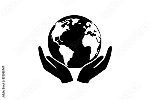 logo for a charity organization, hands holding planet earth, silhouette black color photo