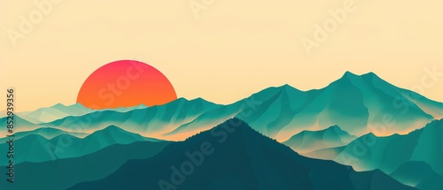 Colorful retro-style illustration of a mountain range at sunrise, with vibrant hues of orange, pink, and teal, capturing the beauty of nature photo