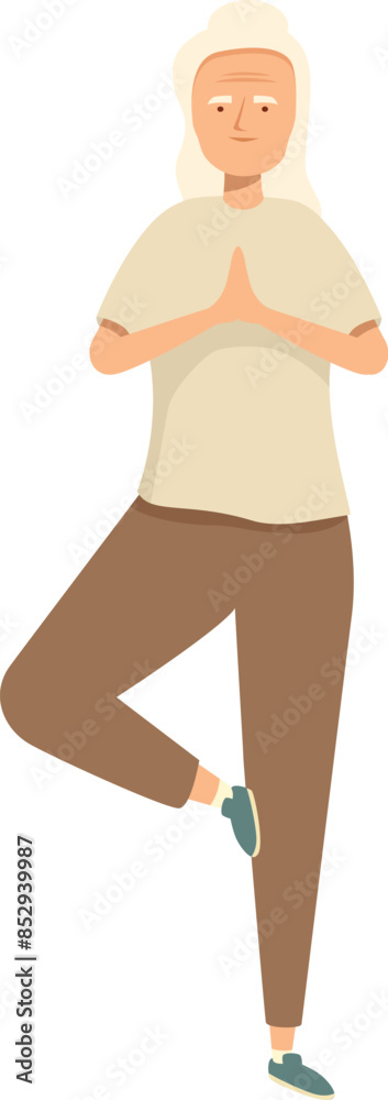 Elderly woman is improving her balance and mindfulness by practicing the tree yoga pose Elderly woman is improving her balance and mindfulness by practicing the tree yoga pose