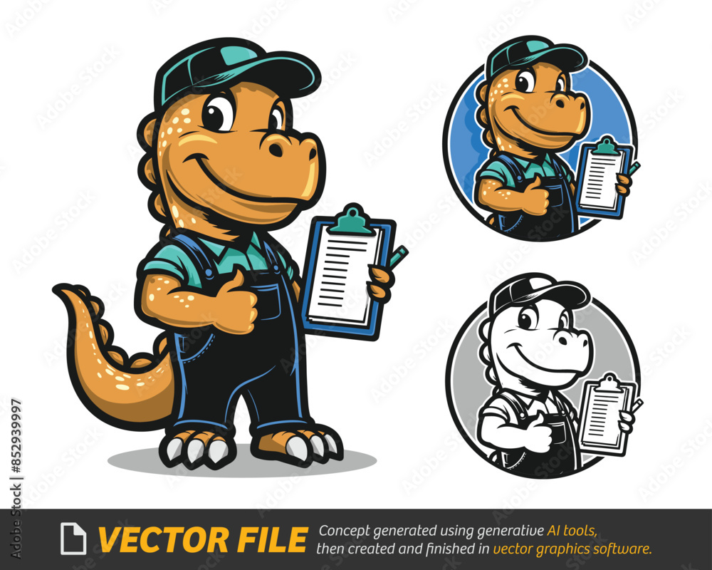 Fototapeta premium Cheerful Dinosaur Delivery Man Vector Illustration with Clipboard and Thumbs Up
