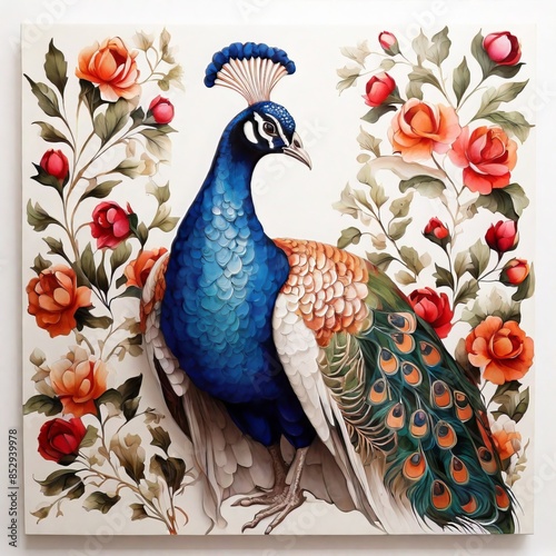 pattern Mughal peacock painting with mughal king on white background photo