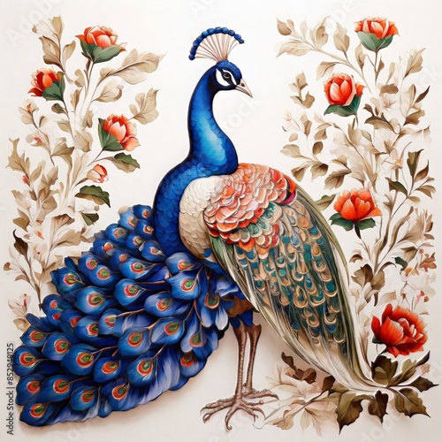 pattern Mughal peacock painting with mughal king on white background photo