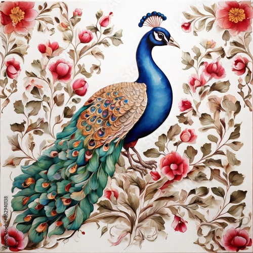 pattern Mughal peacock painting with mughal king on white background photo