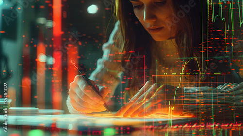 Double exposure of forex graph sketch hologram and woman holding and using a mobile device, Stock market concept, Multi exposure of woman on-line shopping holding a credit card and financial graph
