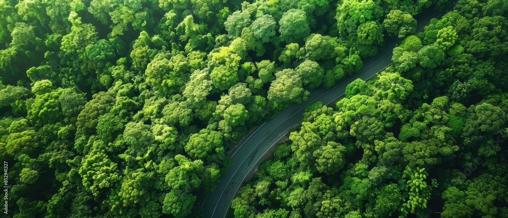 Aerial view of a lush green forest with a winding road, emphasizing ...