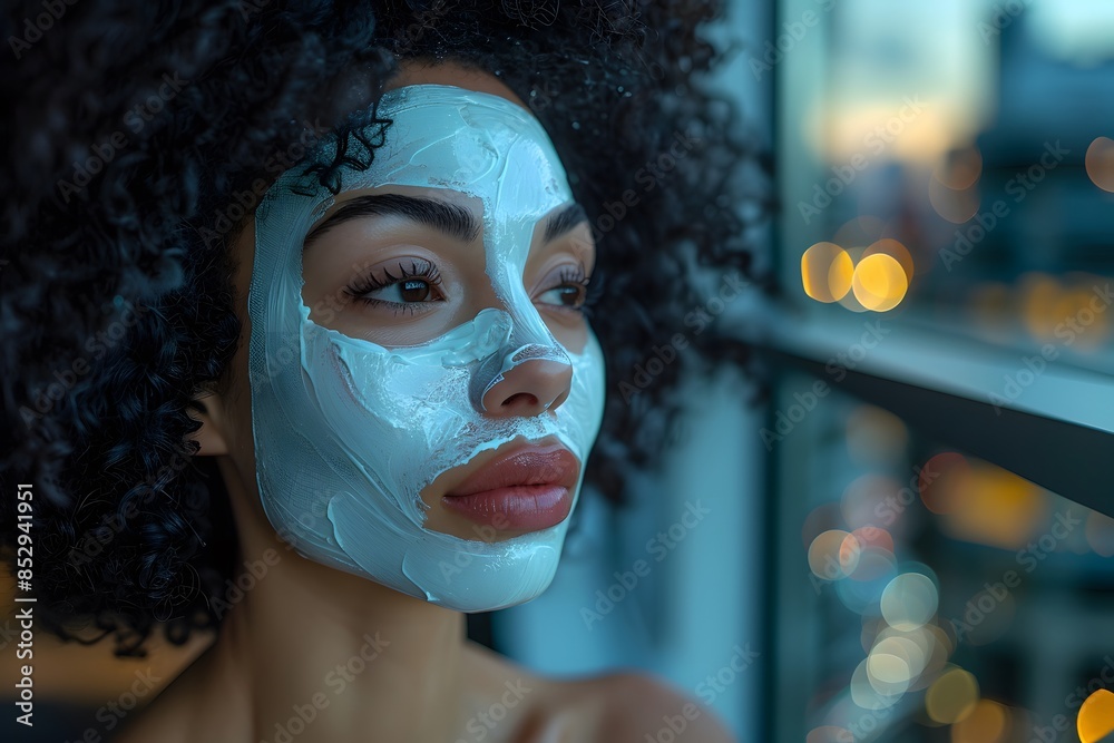 Beauty and Relaxation: Woman with Facial Mask Contemplating Cityscape at Sunset - Skincare, Wellness, Self-Care Inspiration Beauty and Relaxation: Woman with Facial Mask Contemplating Cityscape at Sunset - Skincare, Wellness, Self-Care Inspiration