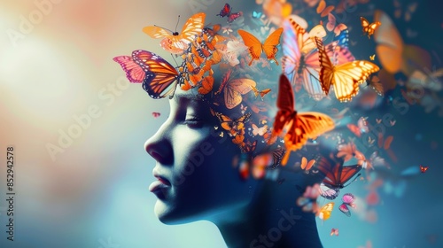 A figure with butterflies emerging from their head, representing the liberation of thoughts and the beauty of spreading knowledge photo