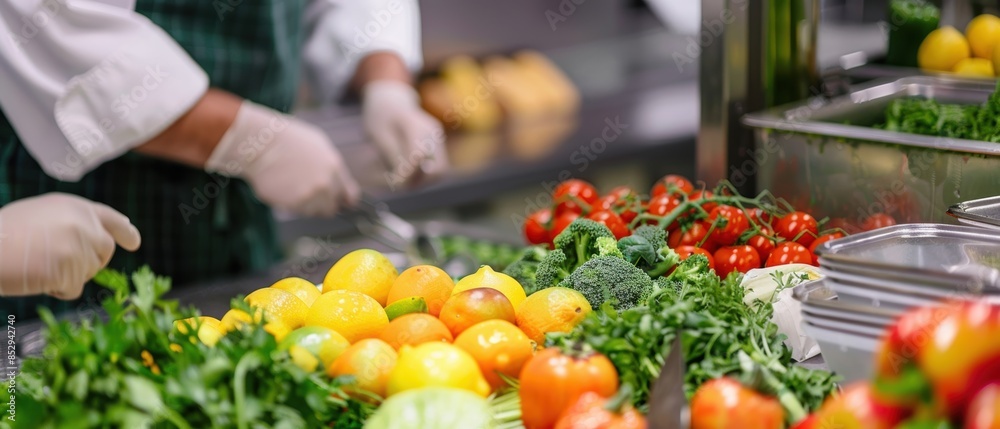 A chef's preparation area with fresh fruits and vegetables, ready for cooking, highlighting the use of wholesome and natural ingredients A chef's preparation area with fresh fruits and vegetables, ready for cooking, highlighting the use of wholesome and natural ingredients