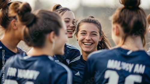 Variety, girl team and game inspiration, smile and talk for success, being joyful and speaking to win. Sportswomen, teamwork, match strategy, and huddle photo