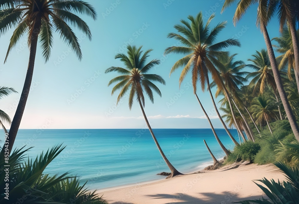 Obraz premium sea beach with palm tree leaves background, summer.Generative ai