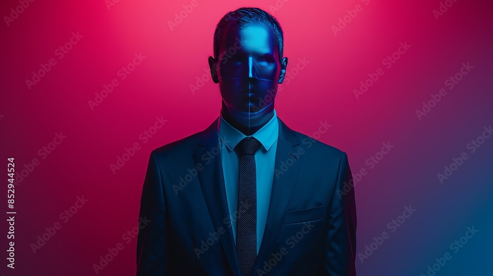 A man in a suit and tie stands in front of a red background A man in a suit and tie stands in front of a red background