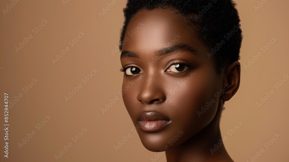 Black woman makeup and beauty image in studio for skin care, shine, and cosmetics. African modelheadshot with facial shine, dermatology, and mockup space on beige background. Black woman makeup and beauty image in studio for skin care, shine, and cosmetics. African modelheadshot with facial shine, dermatology, and mockup space on beige background.