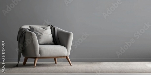 Interior home of living room with grey armchair on gray wall copy space mock up