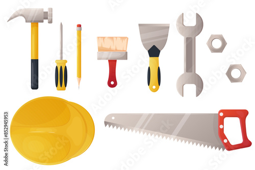 A set of building tools: helmet, hammer, nut, brush, saw, screwdriver. On white insulated background