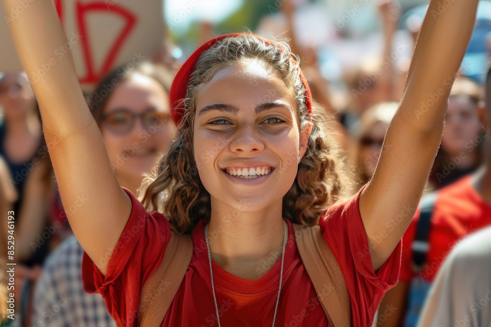 A young woman stands amid a city demonstration with her hands raised. the person demonstrates determination and solidarity in a common cause. A young woman stands amid a city demonstration with her hands raised. the person demonstrates determination and solidarity in a common cause.