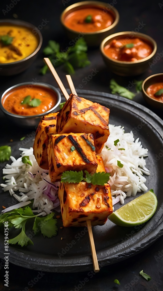 Paneer Tikka is popular appetizer made with cubes of paneer and veggies marinated with yogurt and spices Paneer Tikka is popular appetizer made with cubes of paneer and veggies marinated with yogurt and spices