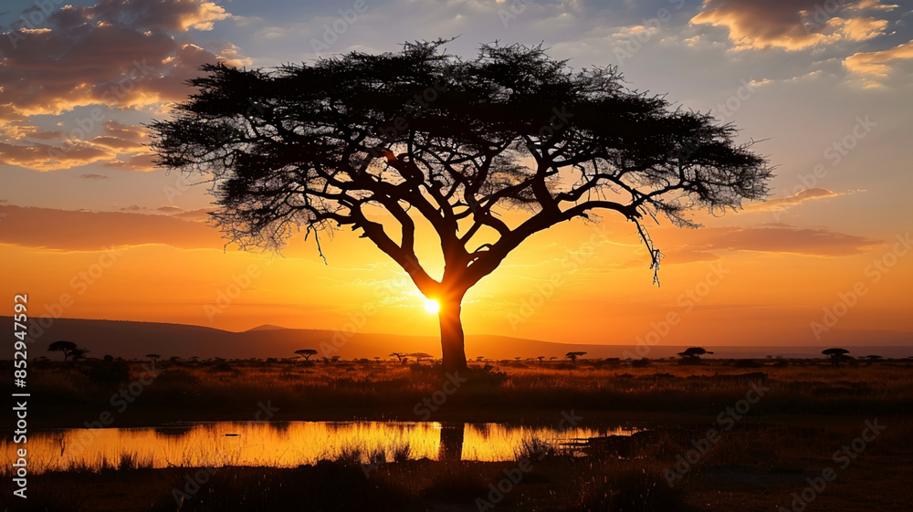 Silhouette of acacia tree in African sunset, AI Generative. Silhouette of acacia tree in African sunset, AI Generative.