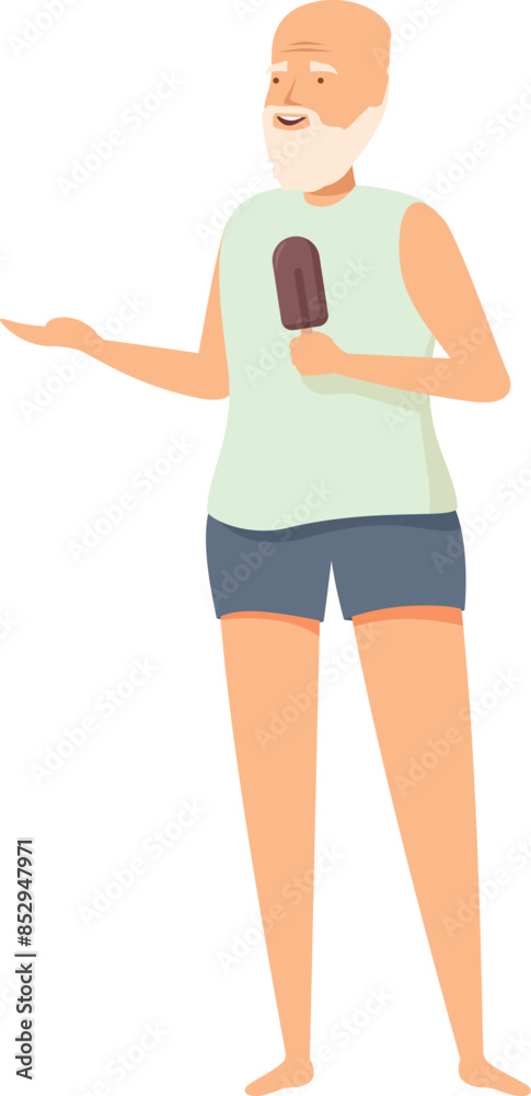 Happy senior man is standing barefoot, holding an ice cream bar and gesturing with his other hand Happy senior man is standing barefoot, holding an ice cream bar and gesturing with his other hand