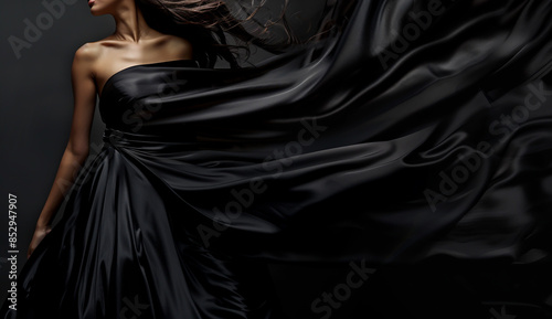 Man and woman in black silk dress, flowing fabric, elegant pose, dark background, closeup
