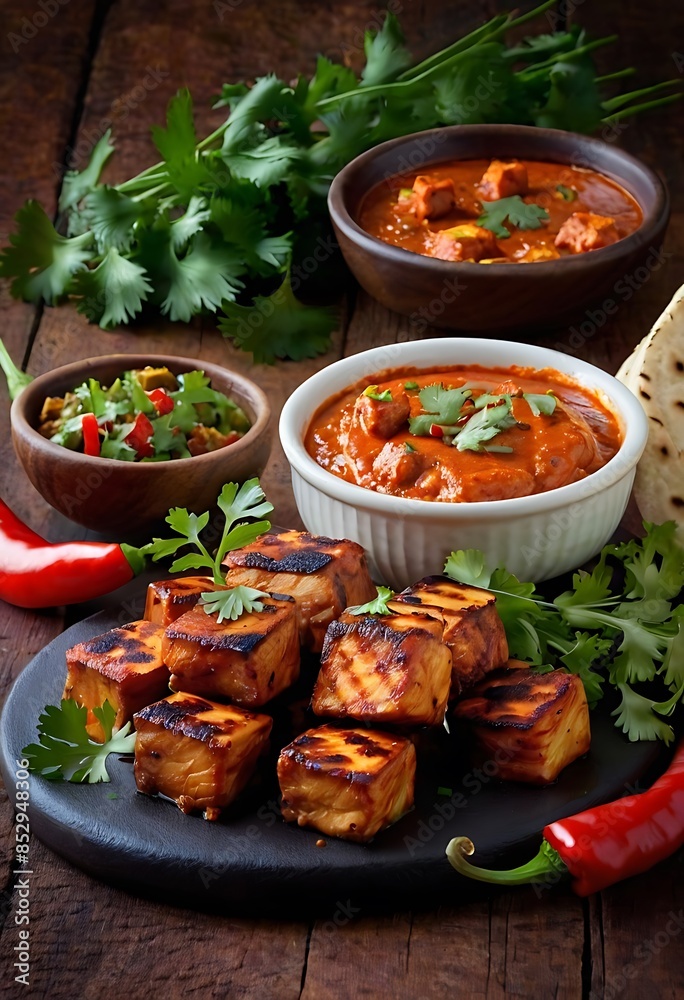 Paneer Tikka is popular appetizer made with cubes of paneer and veggies marinated with yogurt and spices Paneer Tikka is popular appetizer made with cubes of paneer and veggies marinated with yogurt and spices